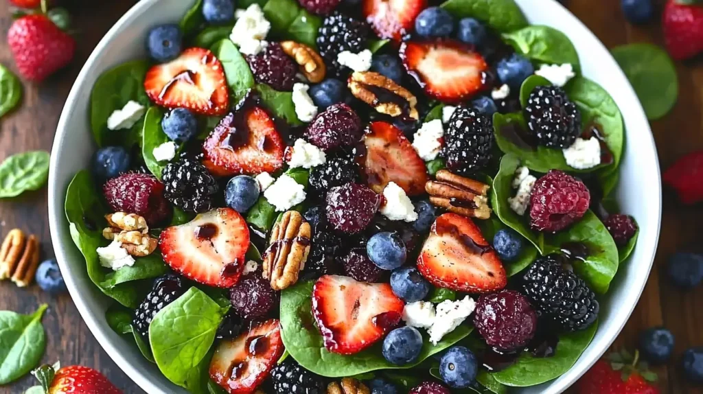 Berry Spinach Salad with Pecans, Feta, and Balsamic Glaze