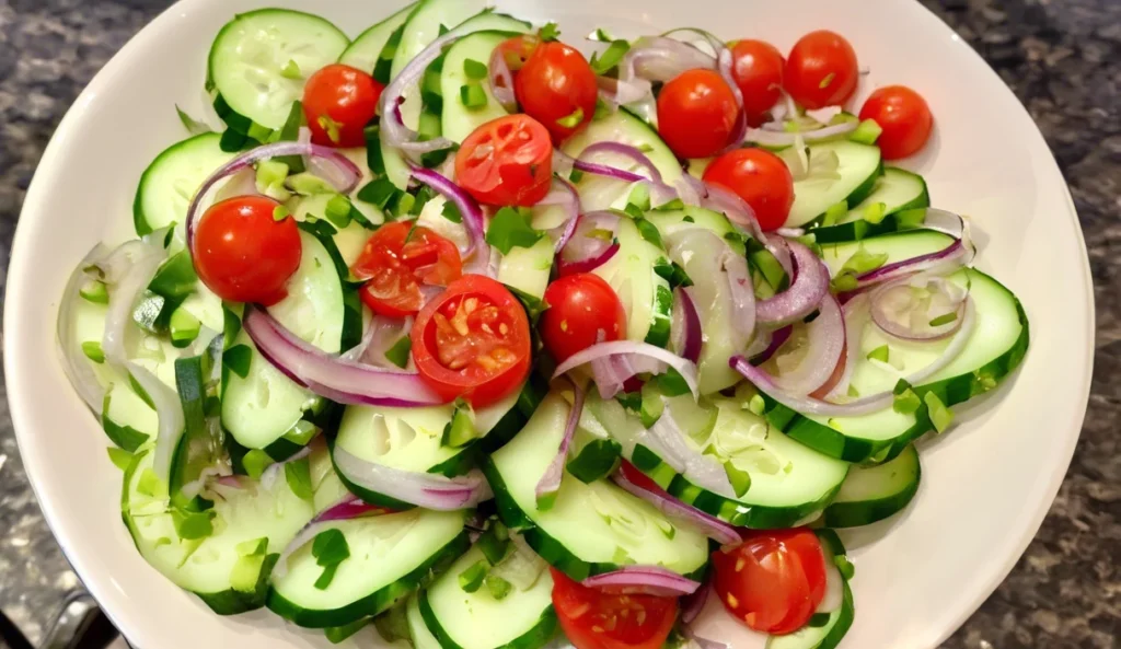 A delicious plate of Classic Marinated Cucumber, Tomato, and Onion Salad