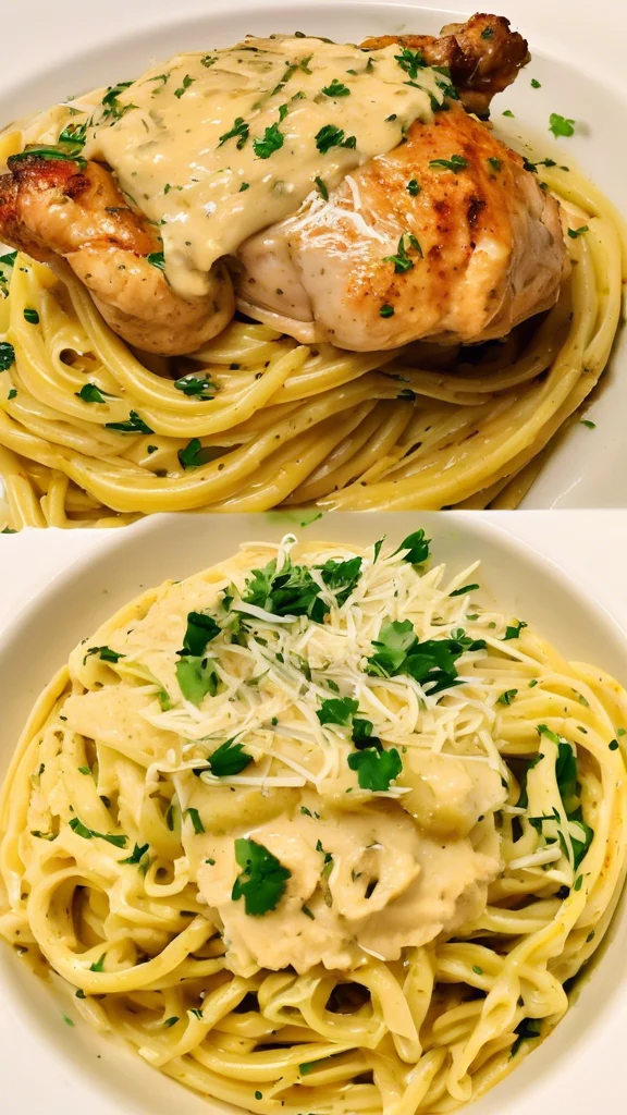Lemon garlic butter chicken served with creamy parmesan linguine