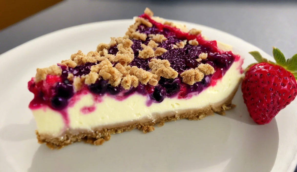 A delicious plate of Berry Crumble Cheesecake