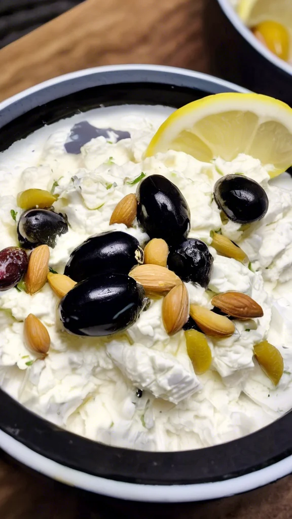 Beautifully plated Ricotta With Crushed Olives, Almonds & Lemon
