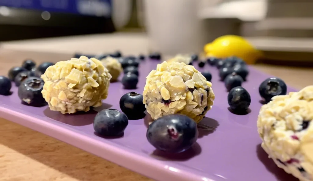 A delicious plate of No-Bake Lemon Blueberry Protein Bites