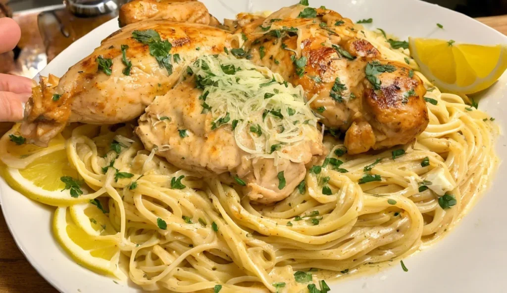 A delicious plate of Lemon garlic butter chicken served with creamy parmesan linguine