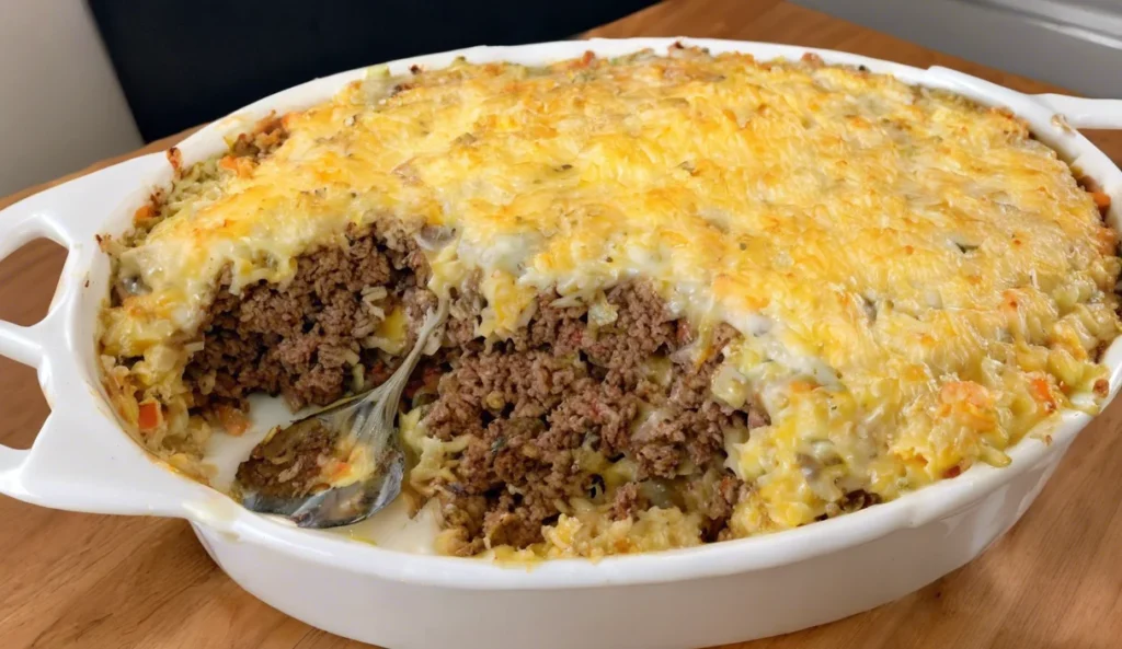 A delicious plate of Cheesy Ground Beef Rice Casserole