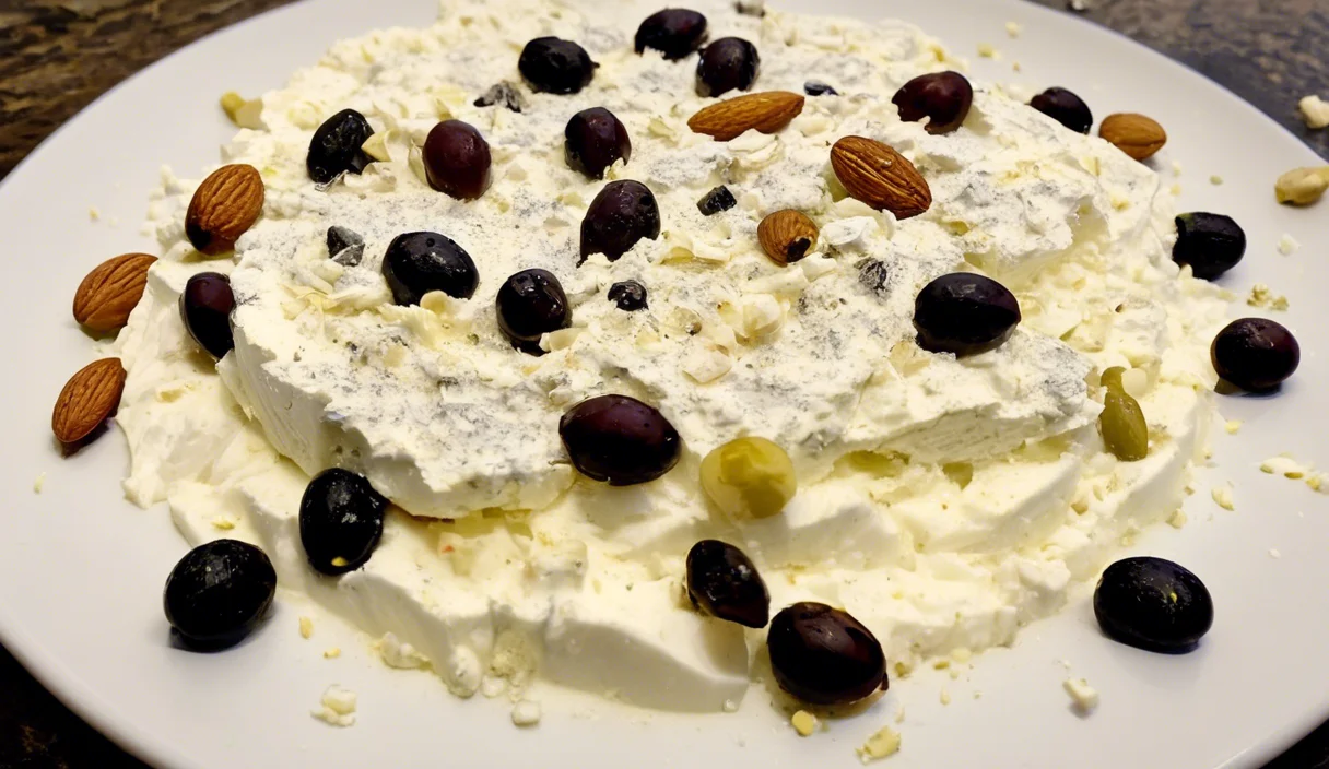 A delicious plate of Ricotta With Crushed Olives, Almonds & Lemon