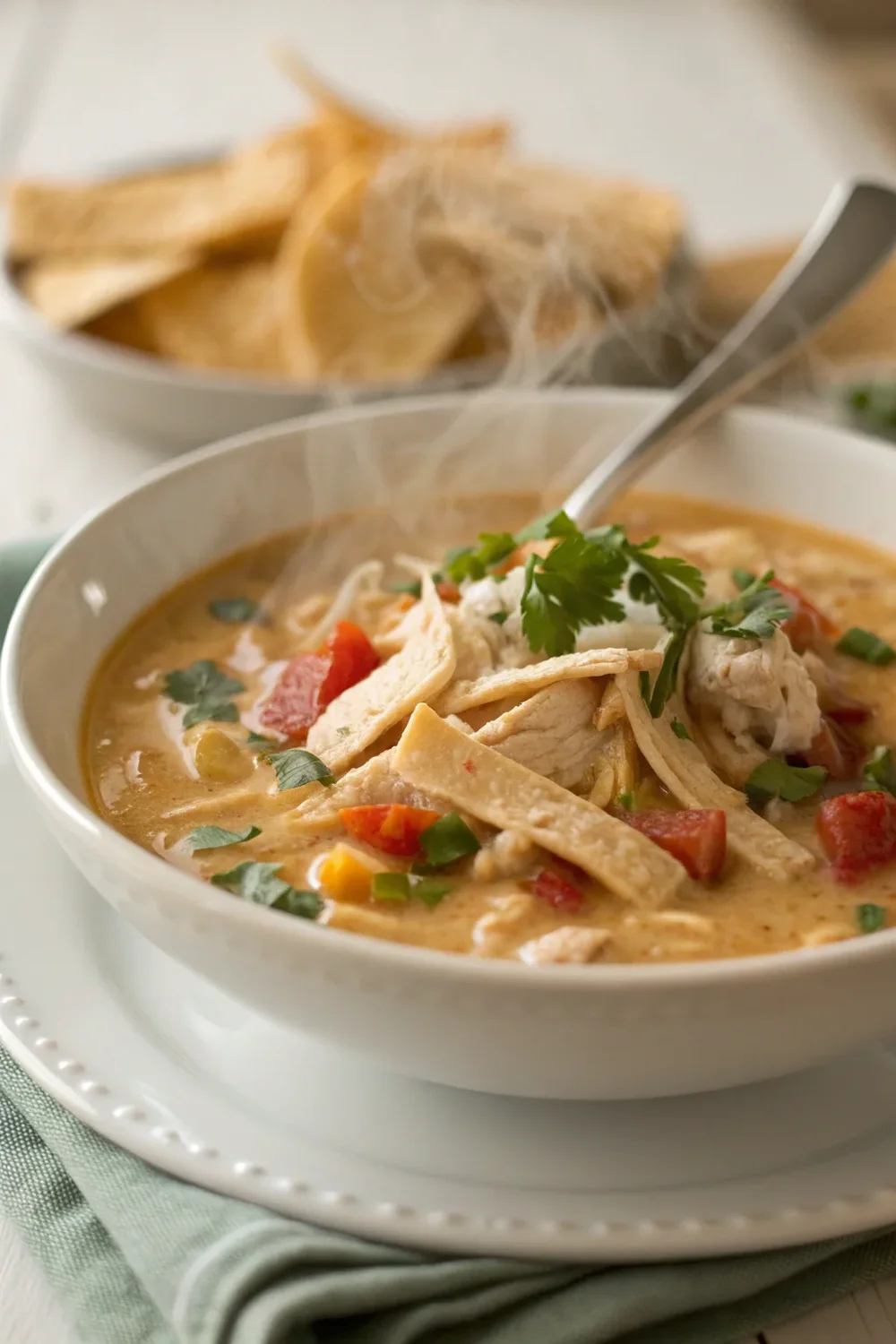 A delicious plate of Creamy Chicken Tortilla Soup