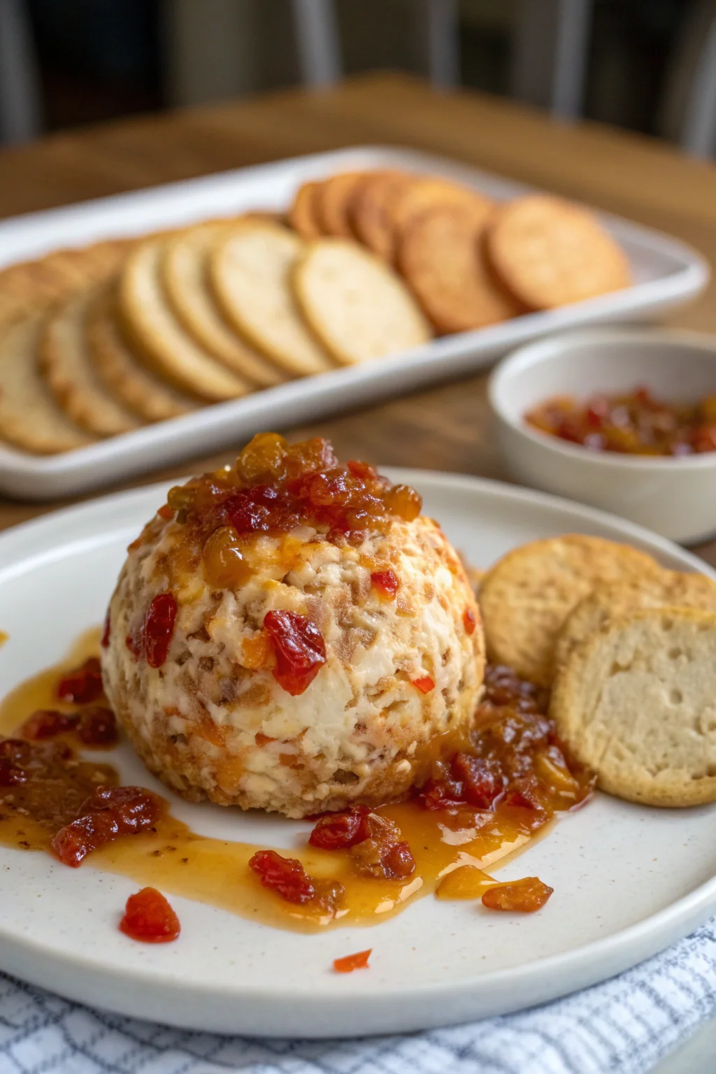 A delicious plate of Sweet and Spicy Pepper Jelly Cheeseball