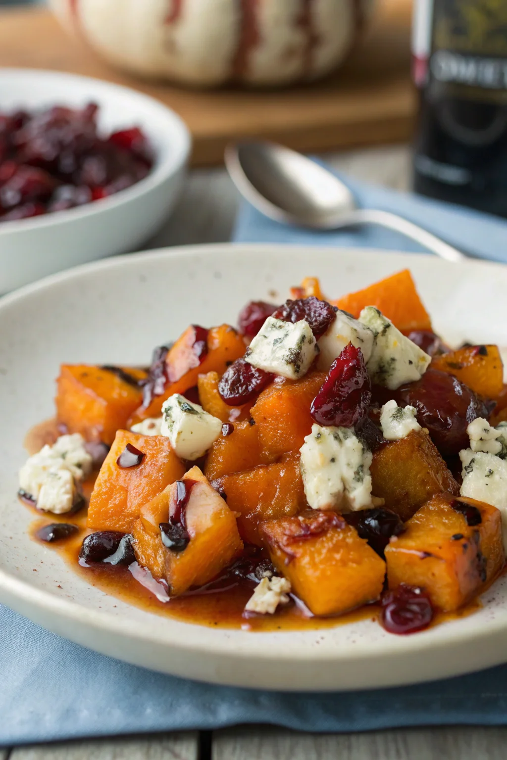 A delicious plate of Caramelized Butternut Squash with Gorgonzola and Cranberry-Balsamic Glaze