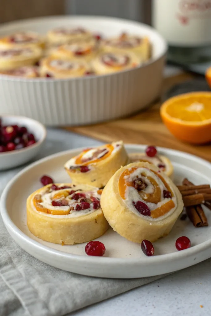 A delicious plate of Cranberry‑Orange Cream Cheese Pinwheels with Pecans