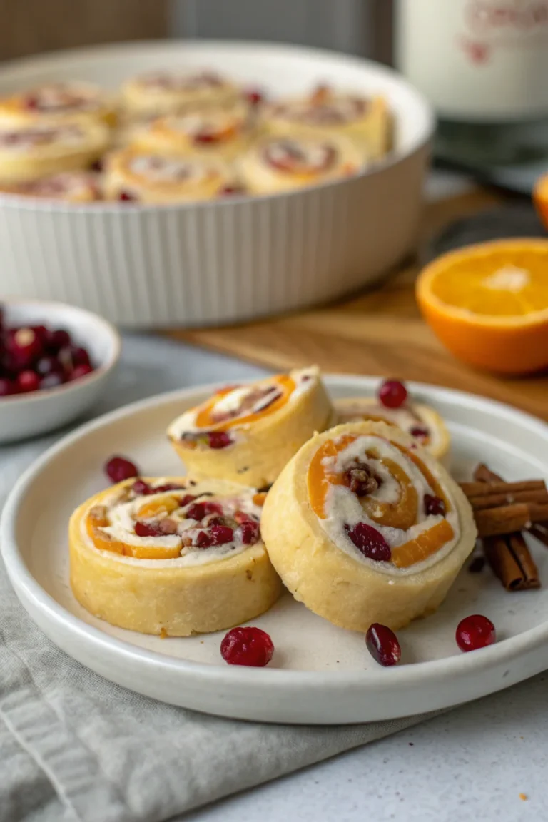 A delicious plate of Cranberry‑Orange Cream Cheese Pinwheels with Pecans