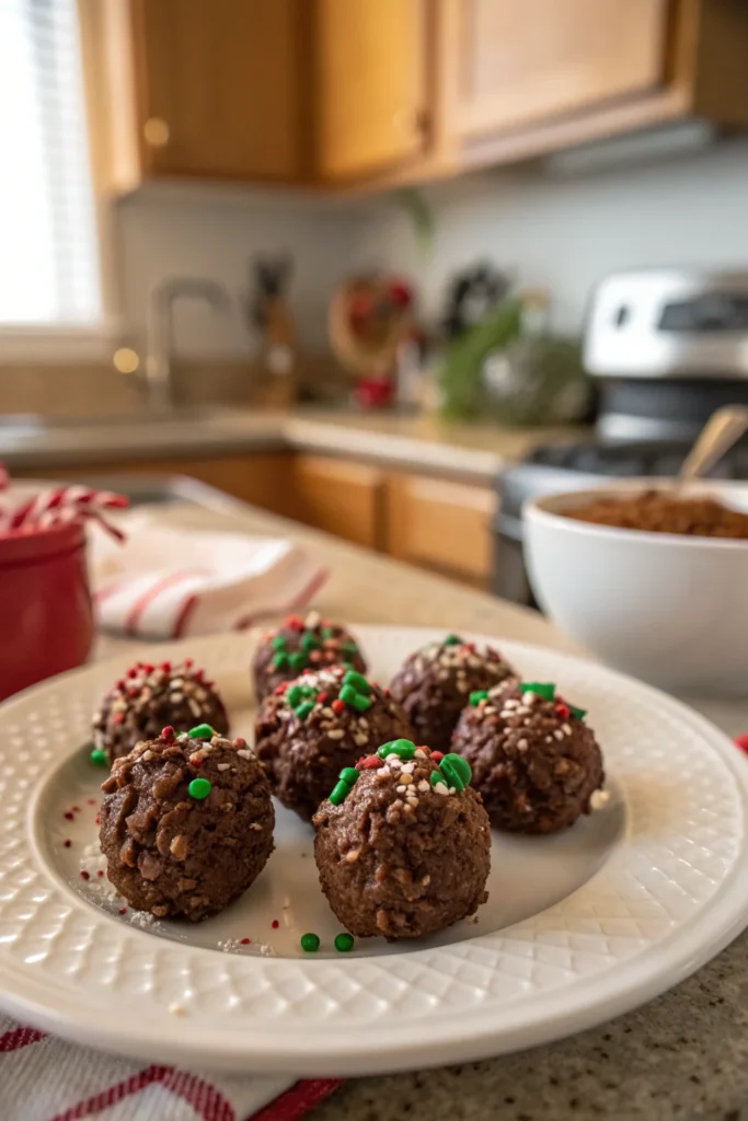 A delicious plate of Christmas Chocolate Rice Krispie Balls