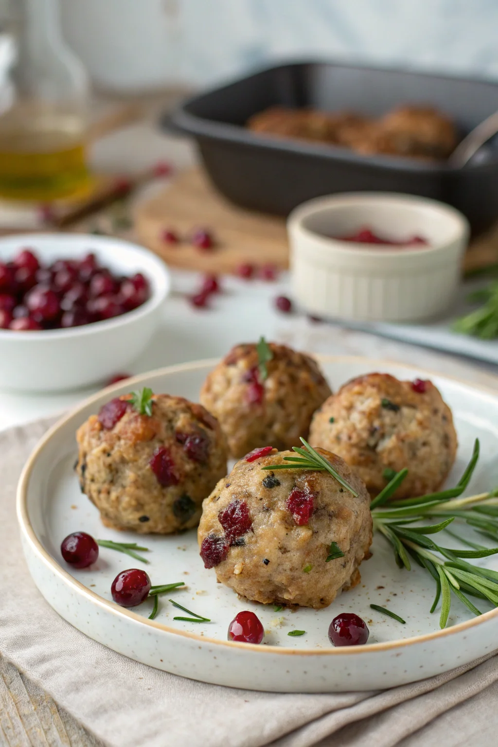 A delicious plate of Savory Turkey Cranberry Stuffing Balls