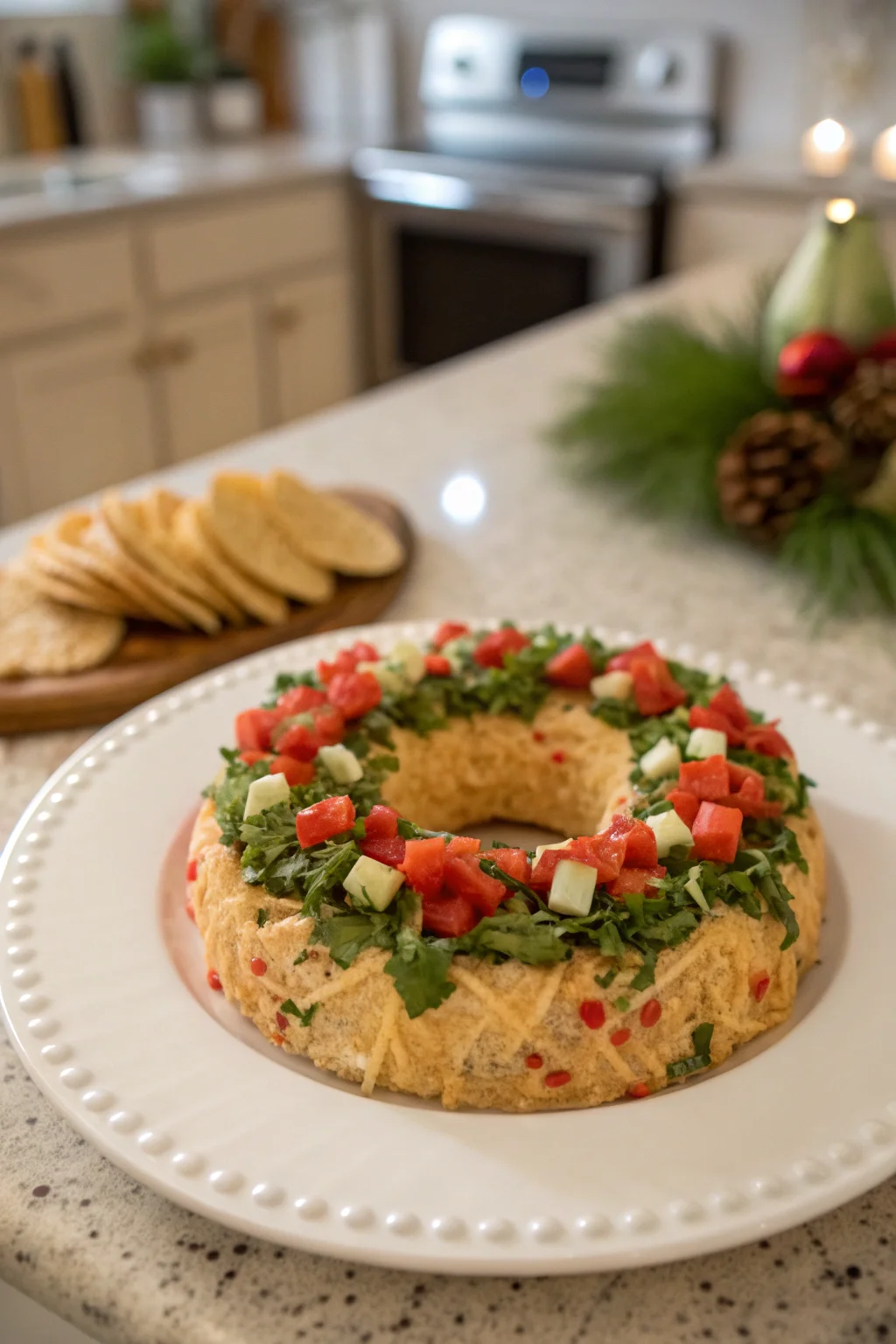 A delicious plate of Christmas Taco Cheese Ball Wreath
