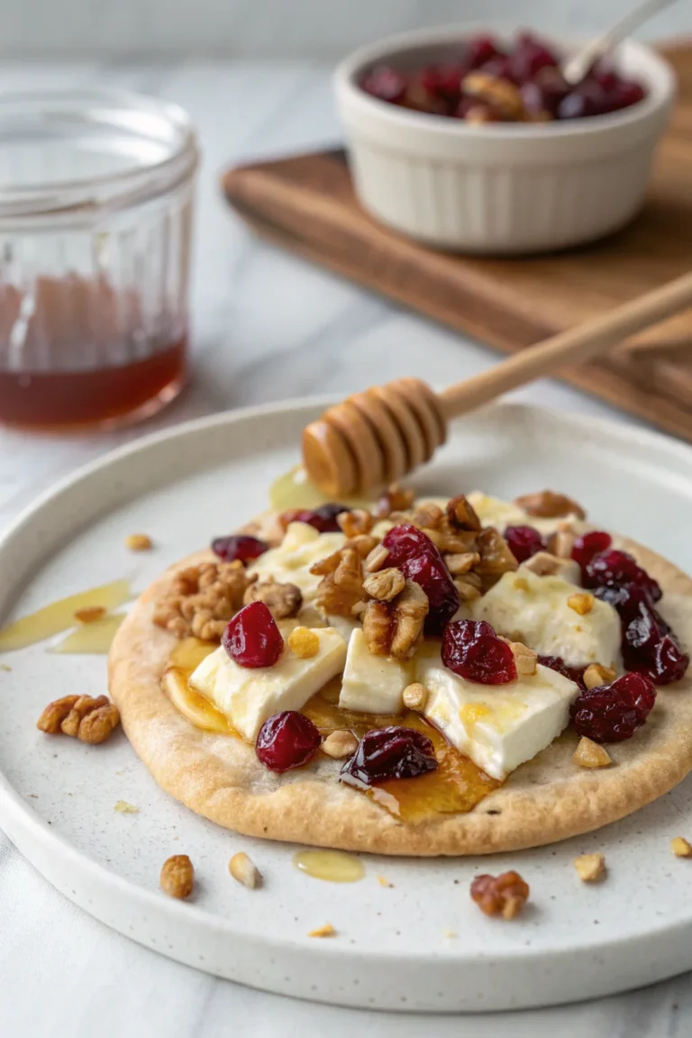 A delicious plate of Crispy Flatbread with Brie, Cranberries and Toasted Walnuts with a Hot Honey Drizzle