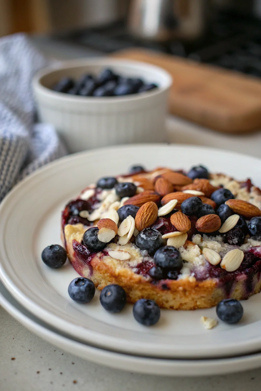 A delicious plate of Blueberry Almond Cottage Cheese Breakfast Bake