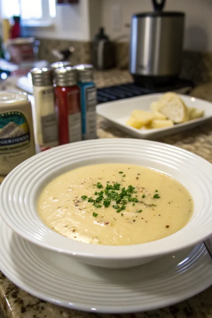 A delicious plate of High-Protein Cream of Potato Soup