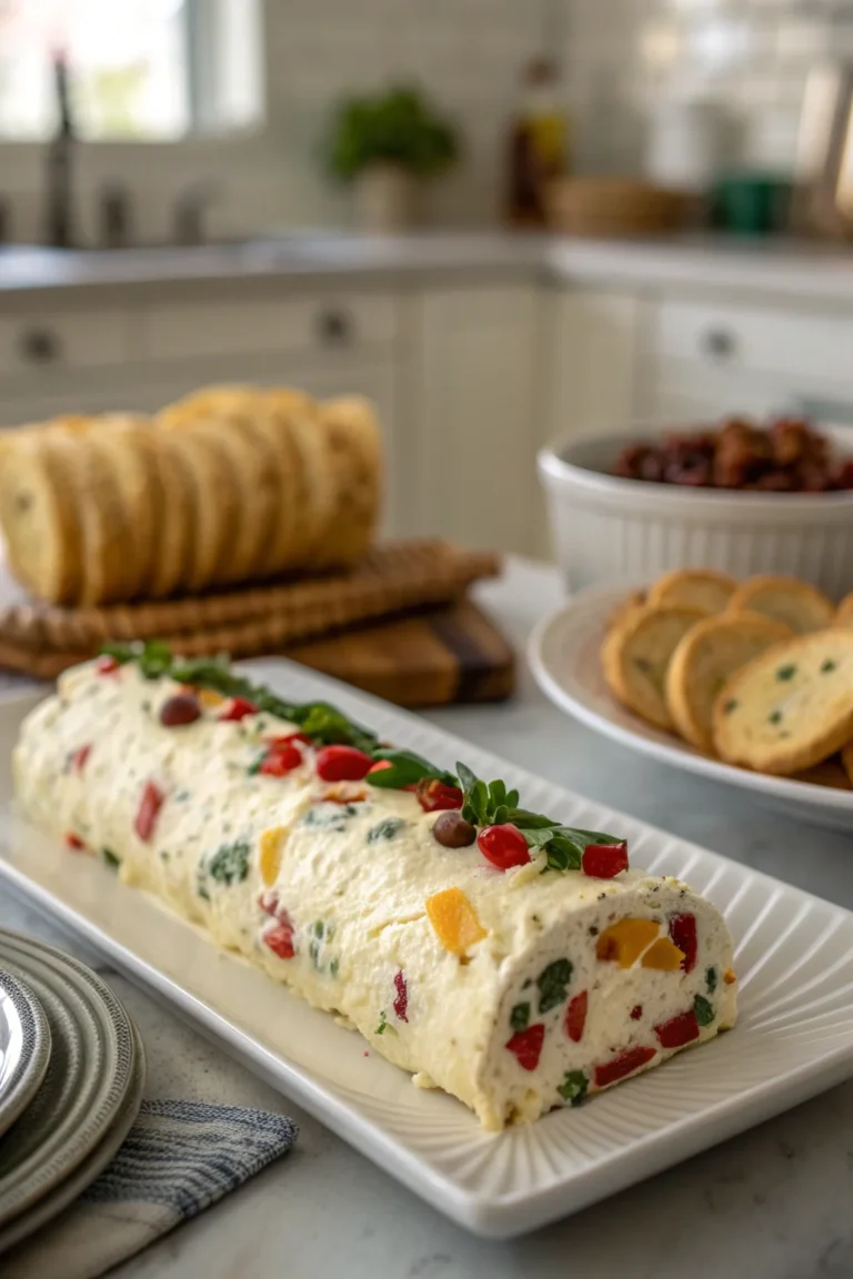 A delicious plate of Holly Jolly Antipasto Cream Cheese Log