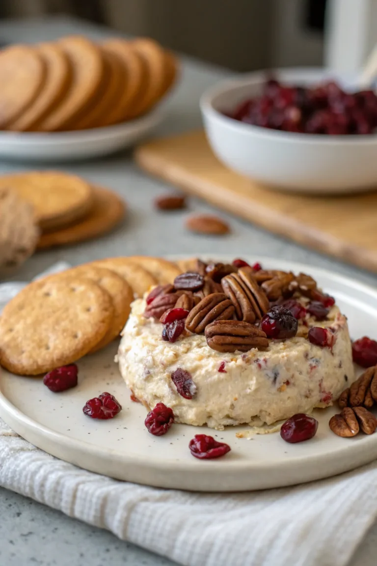 A delicious plate of Maple Pecan Cranberry Holiday Cheese Spread