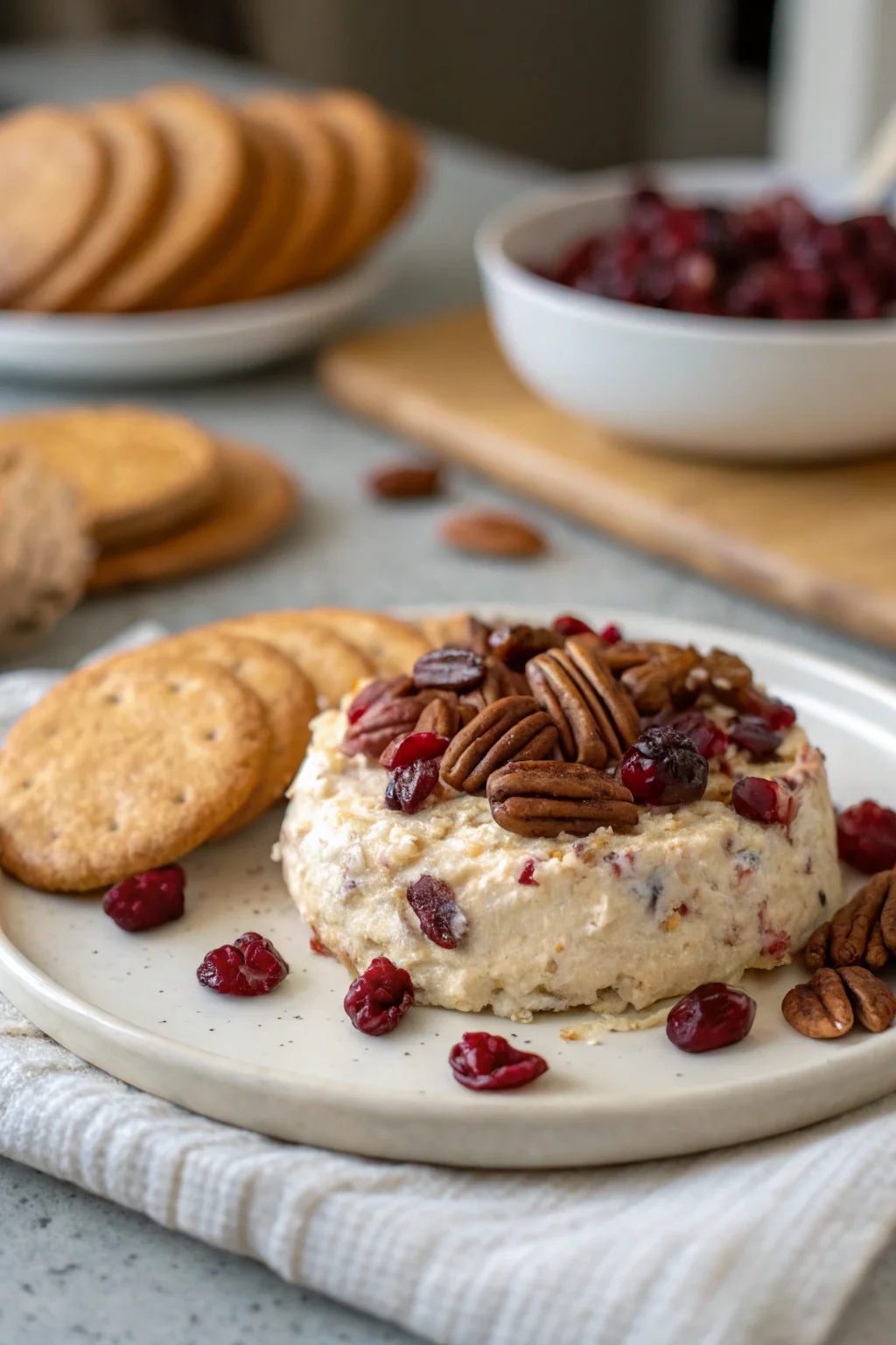 A delicious plate of Maple Pecan Cranberry Holiday Cheese Spread