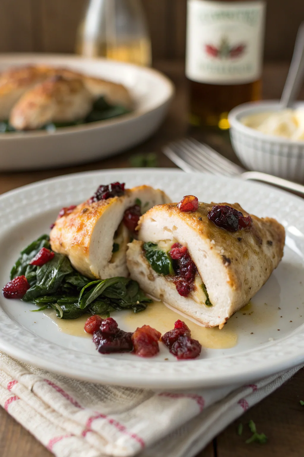 A delicious plate of Cranberry and Spinach Stuffed Chicken Breasts with Brie