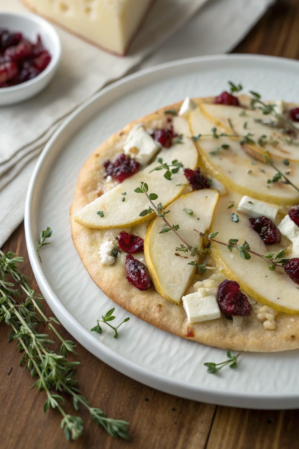 A delicious plate of Pear, Brie, and Cranberry Flatbread with Thyme