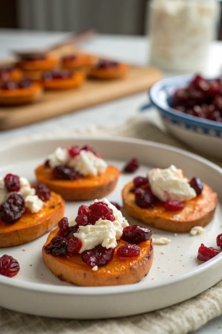A delicious plate of Sweet Potato Rounds with Cranberry and Cream Cheese