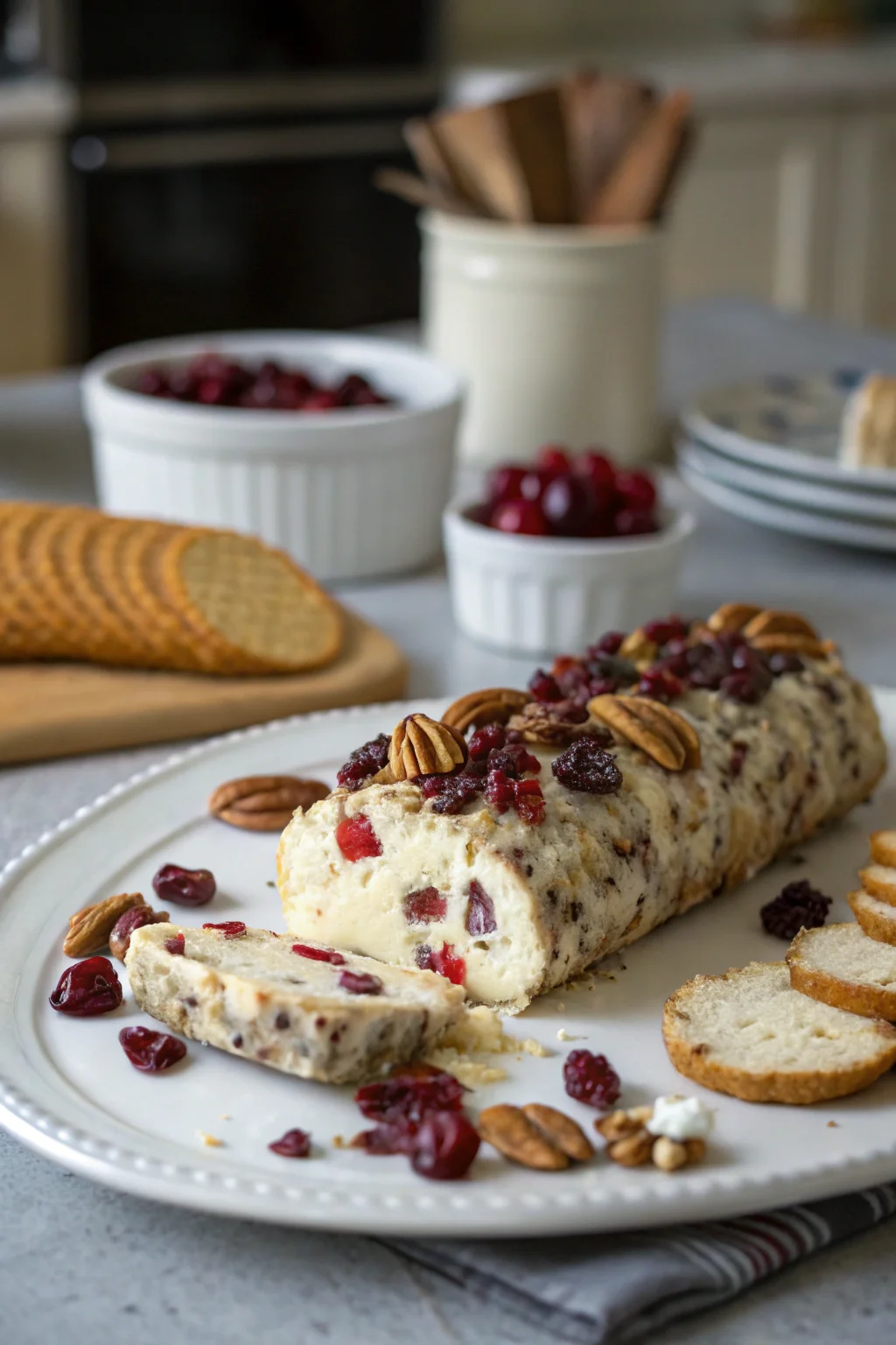 A delicious plate of Cranberry Pecan Cheese Log