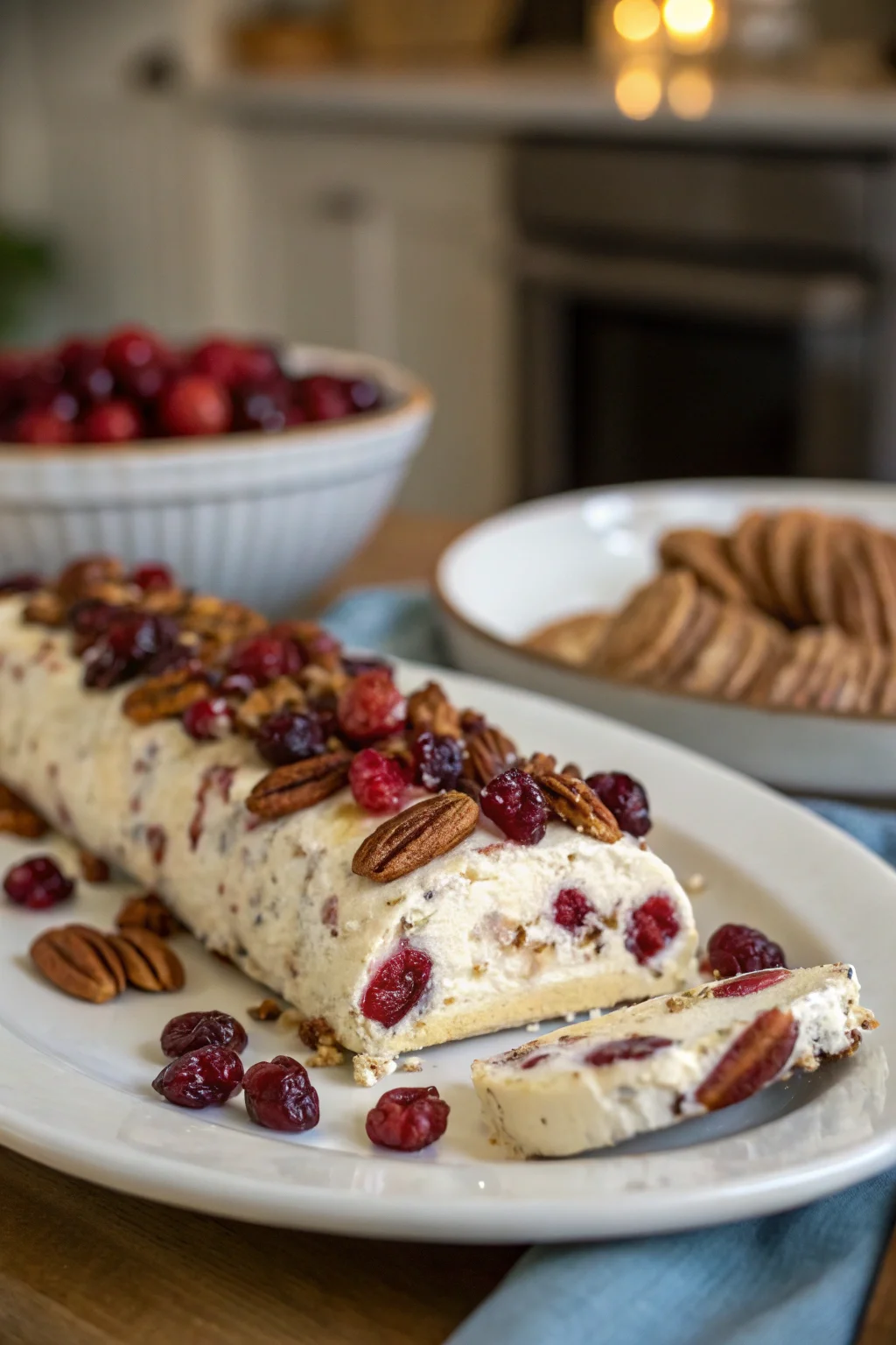 A delicious plate of Cranberry Pecan Cheese Log