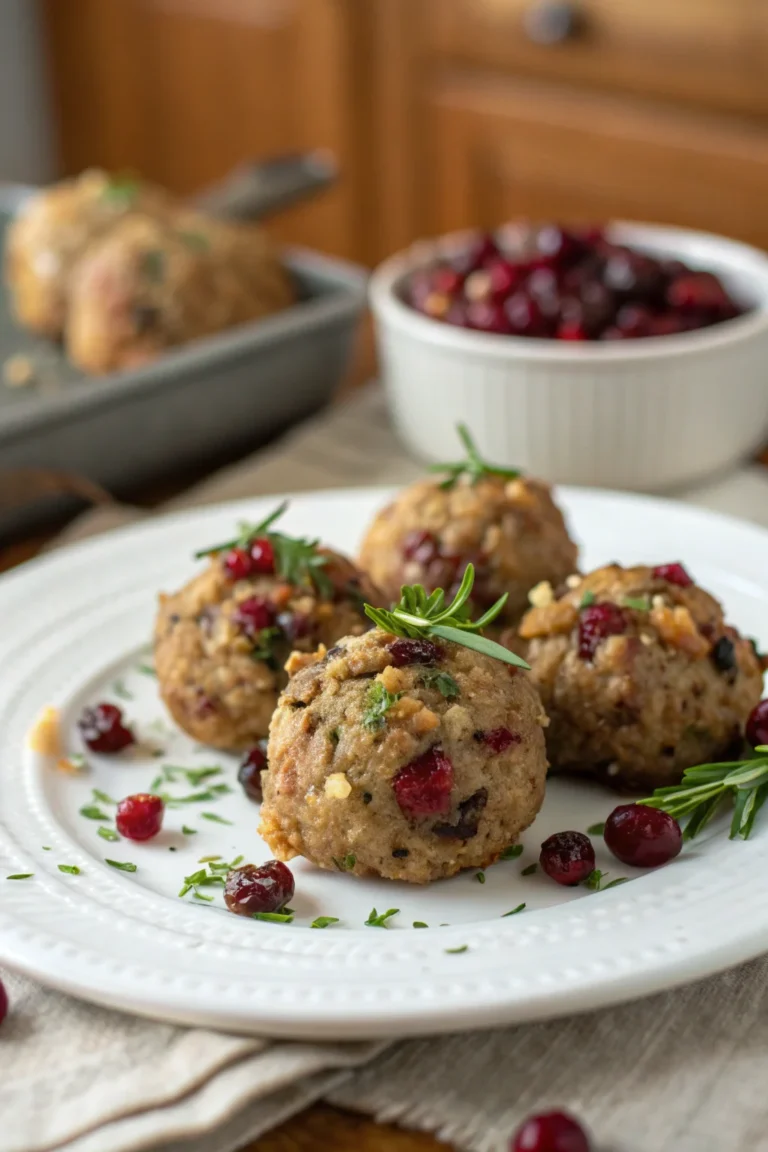 A delicious plate of Savory Turkey Cranberry Stuffing Balls