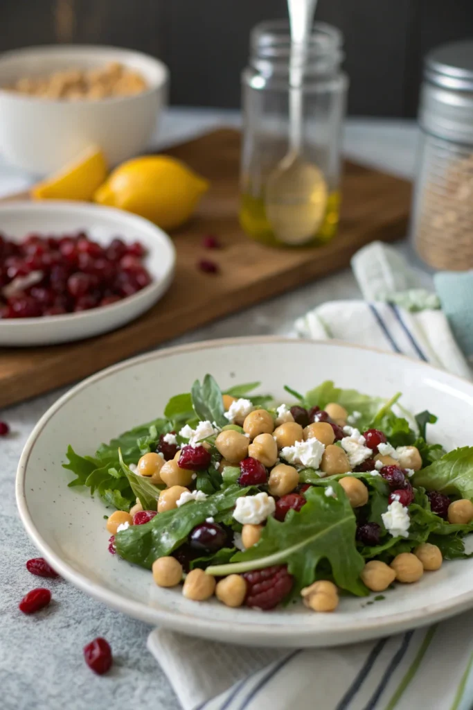 A delicious plate of Feta and Cranberry Chickpea Salad with Lemon Vinaigrette