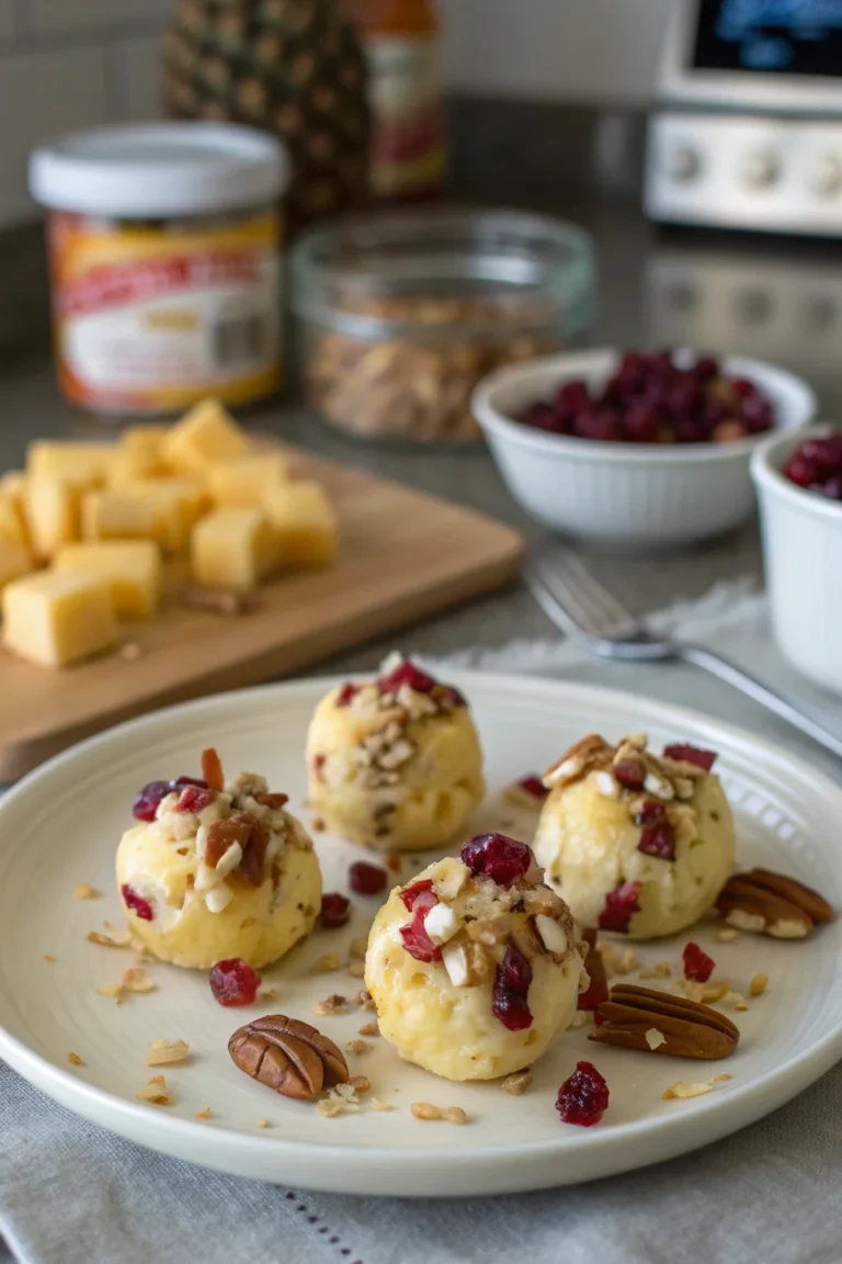 A delicious plate of Mini Pineapple Cranberry Cheese Balls with Pecans