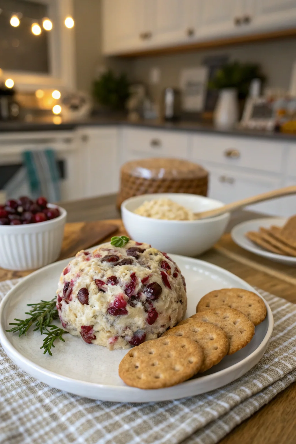 A delicious plate of Cranberry Cheddar Holiday Cheese Ball