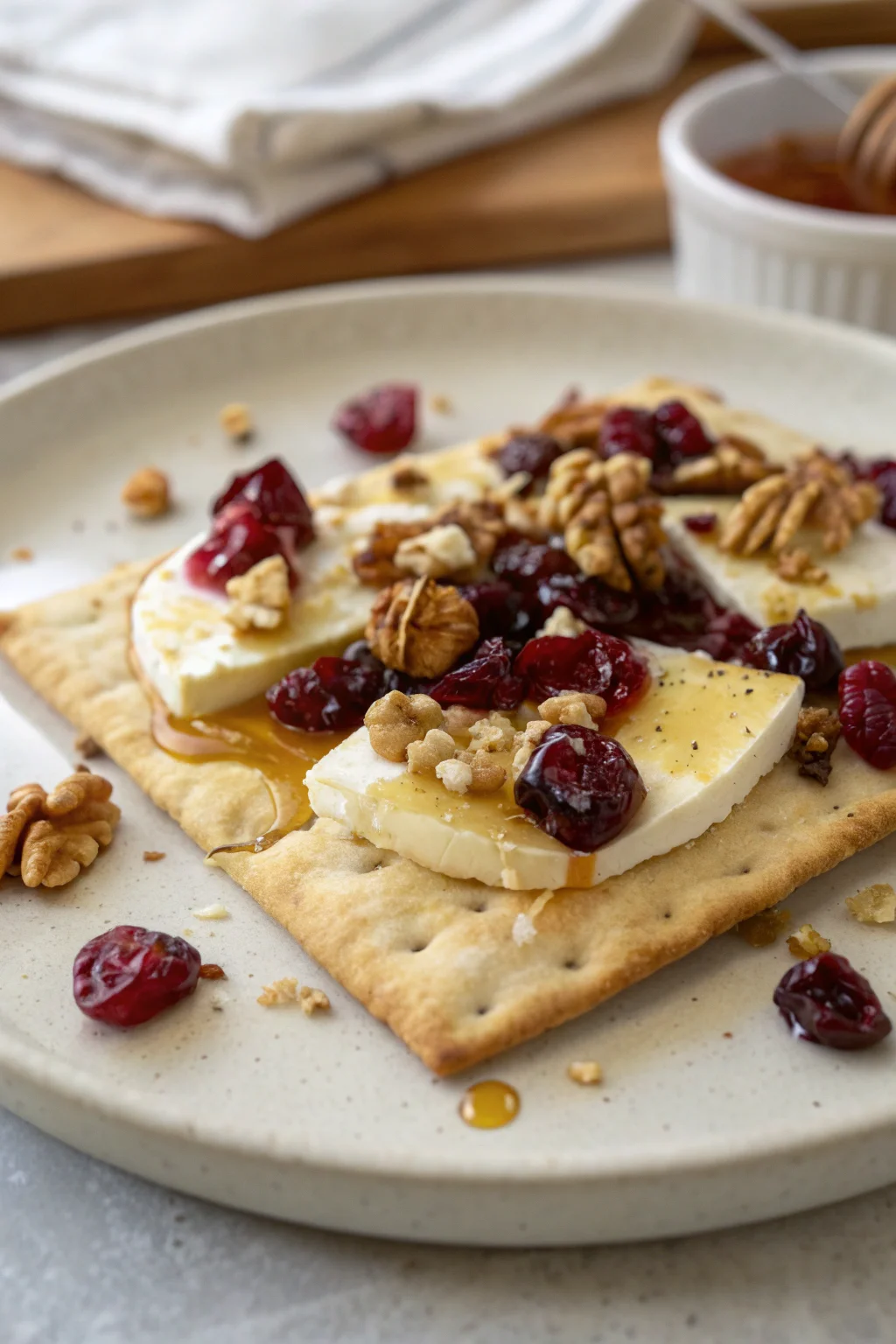 A delicious plate of Crispy Flatbread with Brie, Cranberries and Toasted Walnuts with a Hot Honey Drizzle