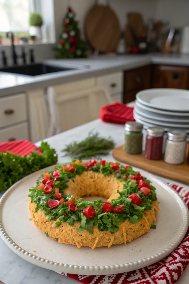 A delicious plate of Christmas Taco Cheese Ball Wreath