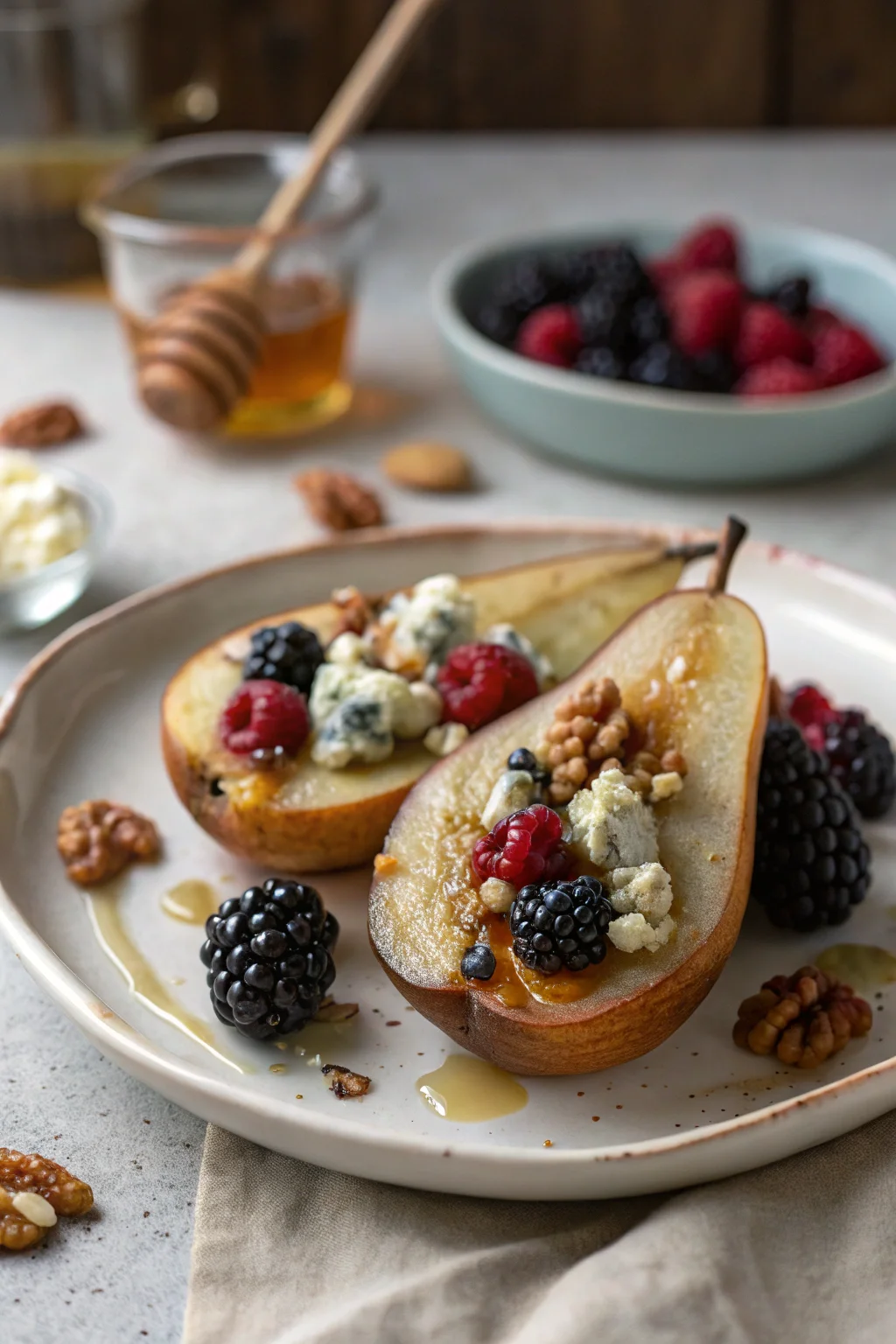 A delicious plate of Baked Pears with Berries, Honey, Walnuts & Blue Cheese