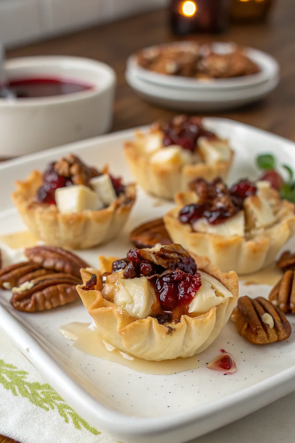 A delicious plate of Mini Phyllo Cups with Brie, Pecans and Cranberry Drizzle