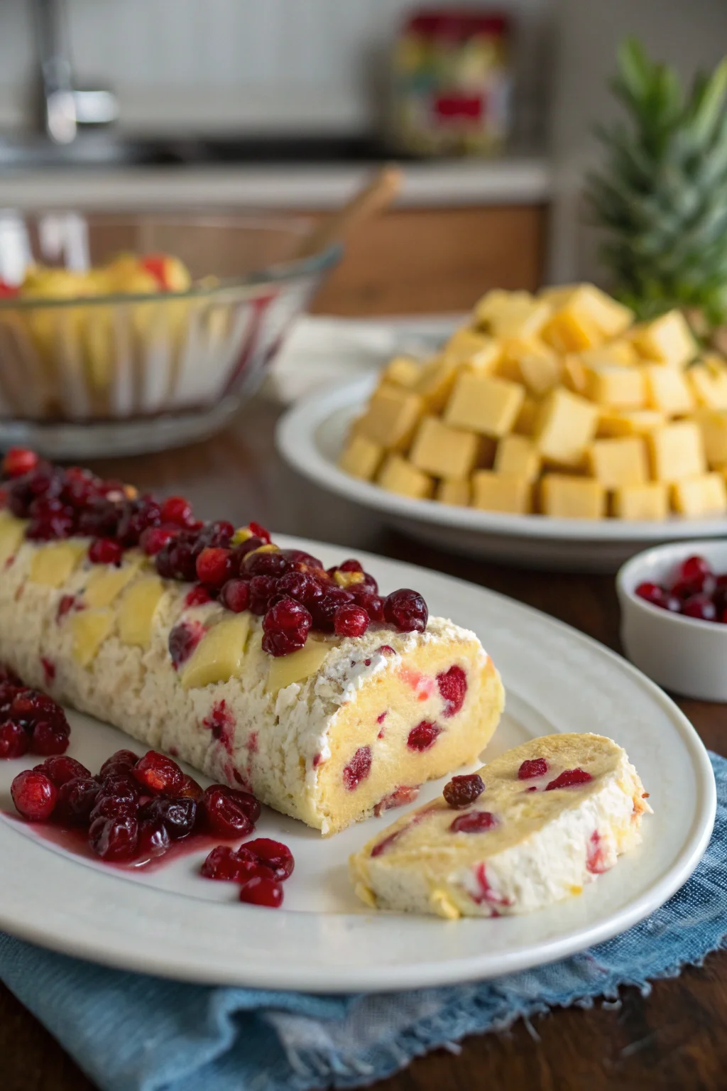 A delicious plate of Pineapple Cranberry Holiday Cheese Log with Pepper Jelly