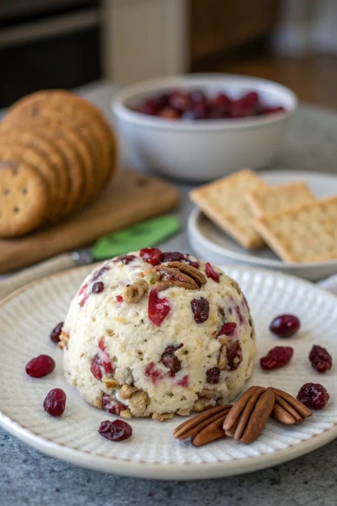 A delicious plate of Cranberry Pecan Holiday Cheese Ball