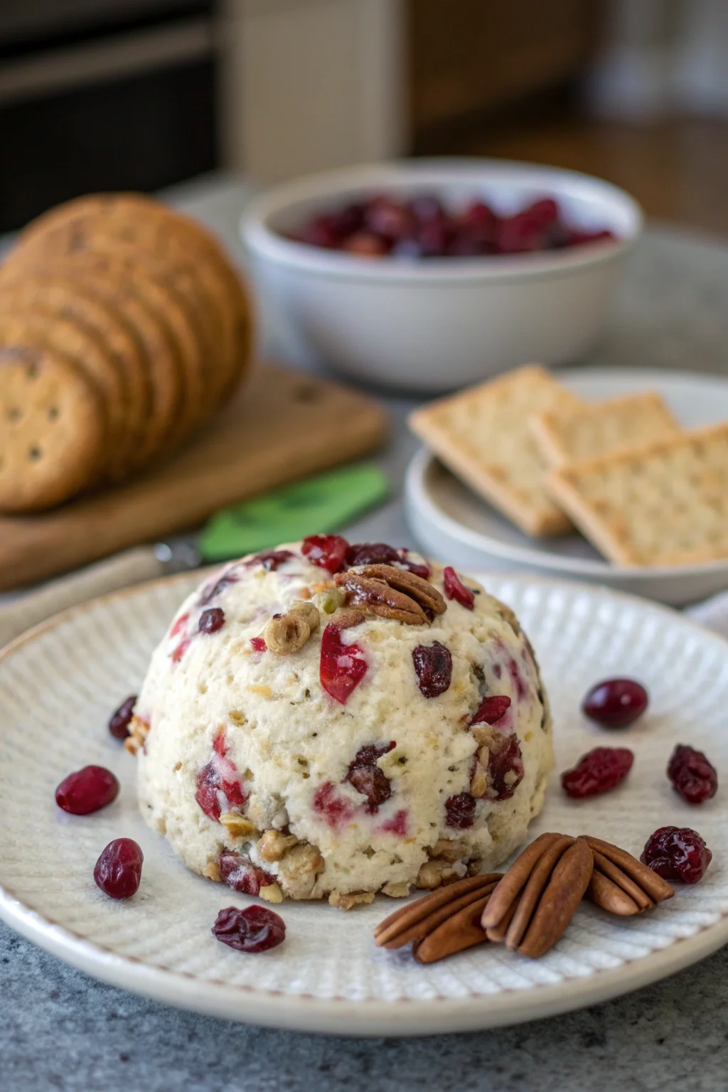 A delicious plate of Cranberry Pecan Holiday Cheese Ball