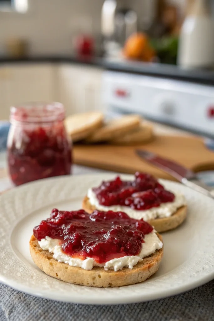 A delicious plate of Cranberry-Pepper Jelly Delight with Cream Cheese