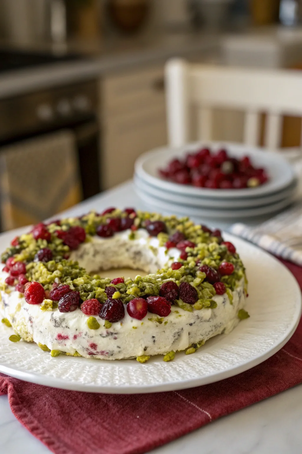 A delicious plate of Cranberry Pistachio Cream Cheese Wreath