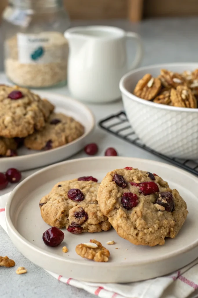 A delicious plate of Bakery-Style Cranberry Walnut Oatmeal Cookies