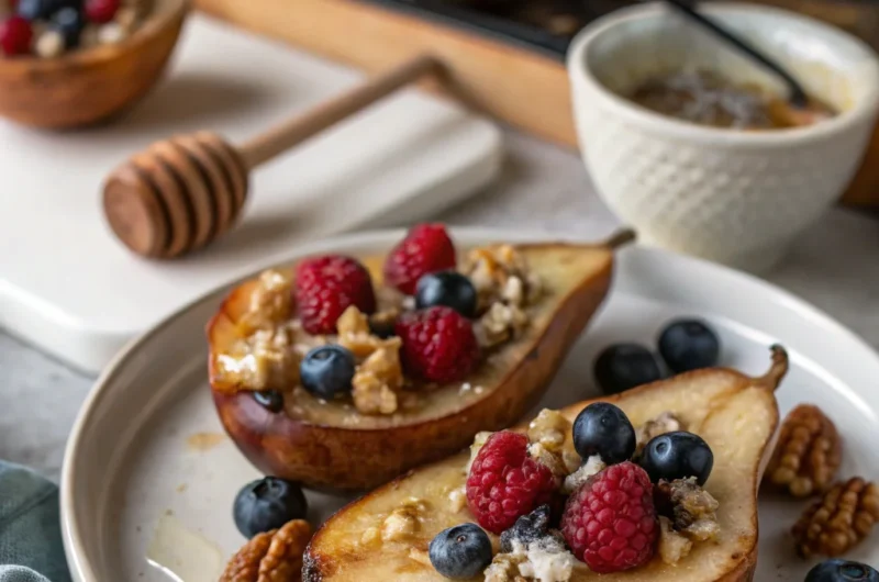 Baked Pears with Berries, Honey, Walnuts & Blue Cheese