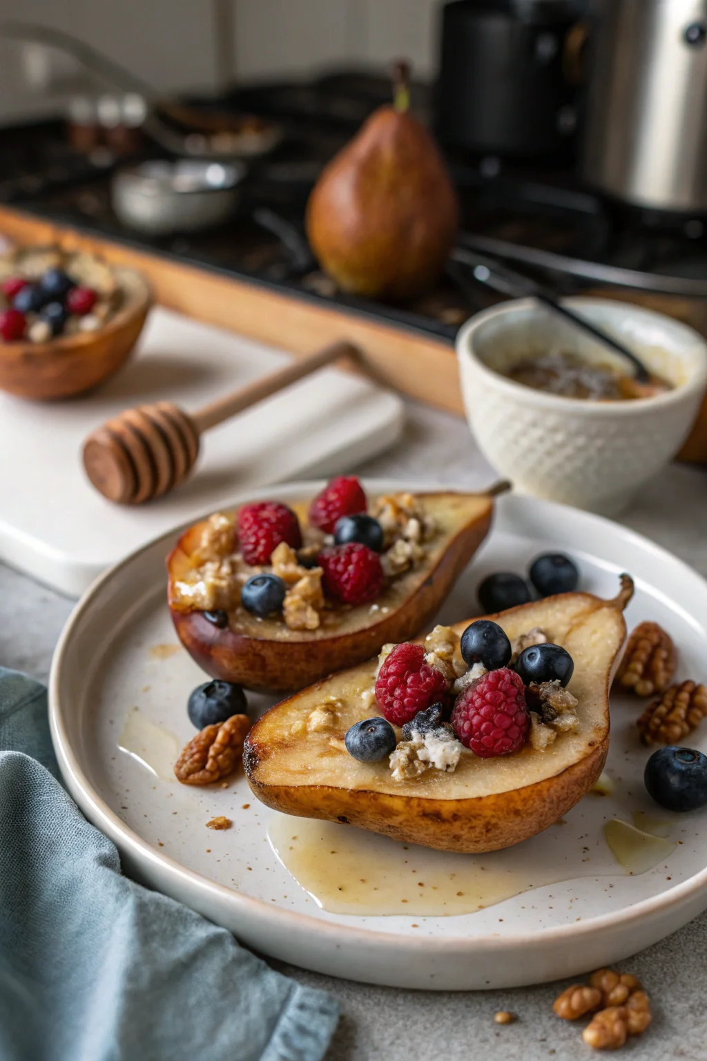 A delicious plate of Baked Pears with Berries, Honey, Walnuts & Blue Cheese