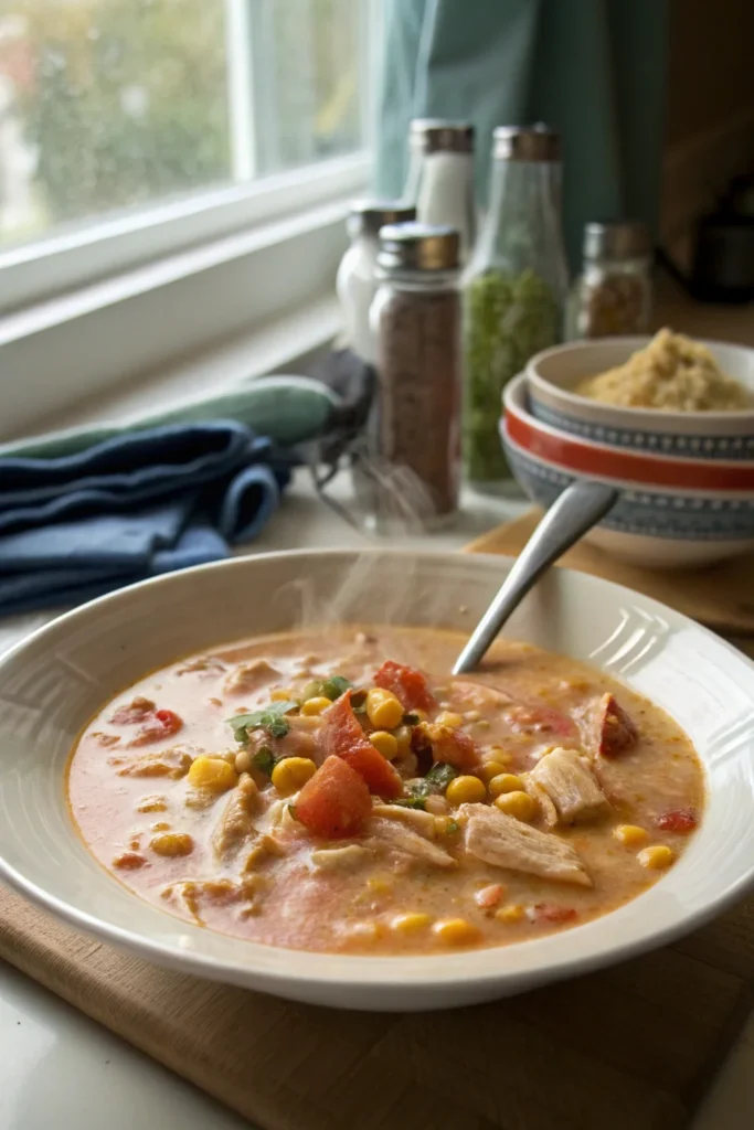 A delicious plate of Creamy Chicken Enchilada Soup