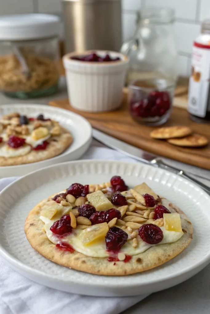 A delicious plate of Brie and Cranberry Flatbreads with Almond Crunch