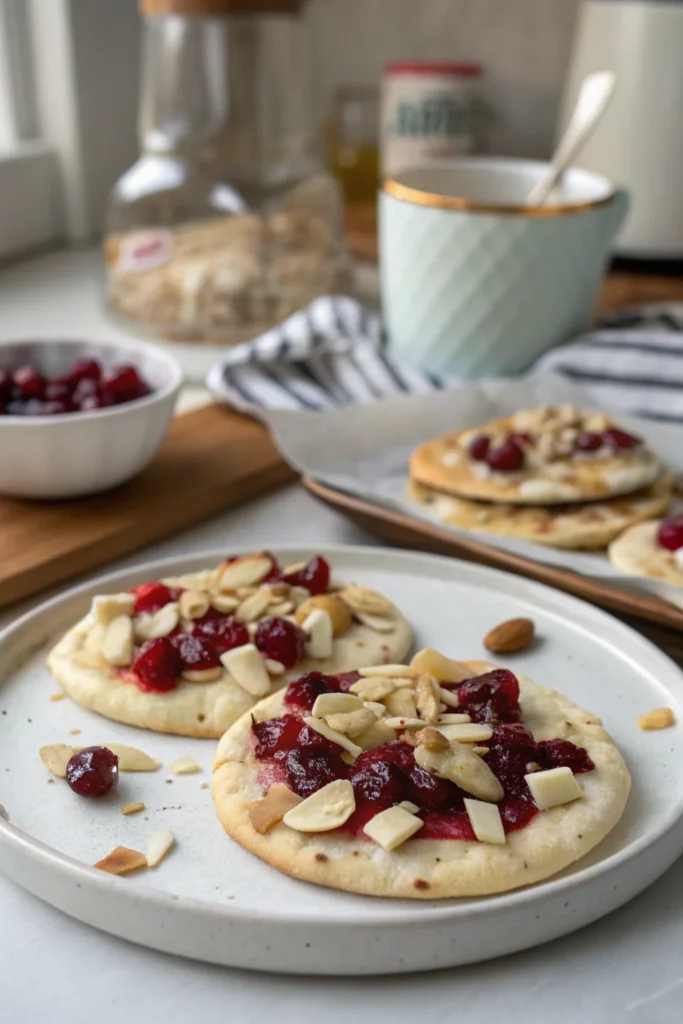 A delicious plate of Brie & Cranberry Flatbreads with Almond Crunch