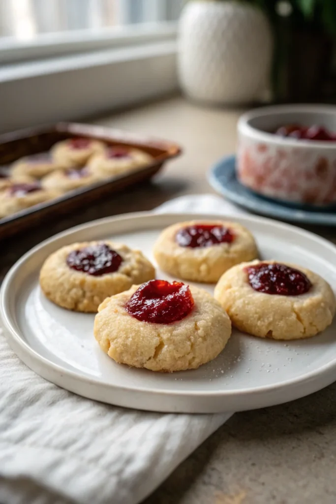 A delicious plate of Cozy Holiday Thumbprint Cookies