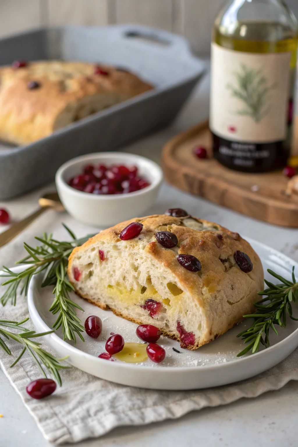 A delicious plate of No-Knead Rosemary Cranberry Bread with Olive Oil and Sea Salt