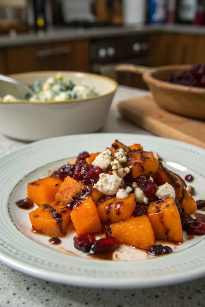 A delicious plate of Caramelized Butternut Squash with Gorgonzola and Cranberry-Balsamic Glaze